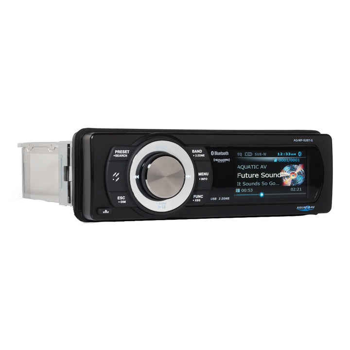 Aquatic AV MP5+ Stereo from Adventure+ Series, marine stereo system with digital display and control buttons, installed in boat cockpit.