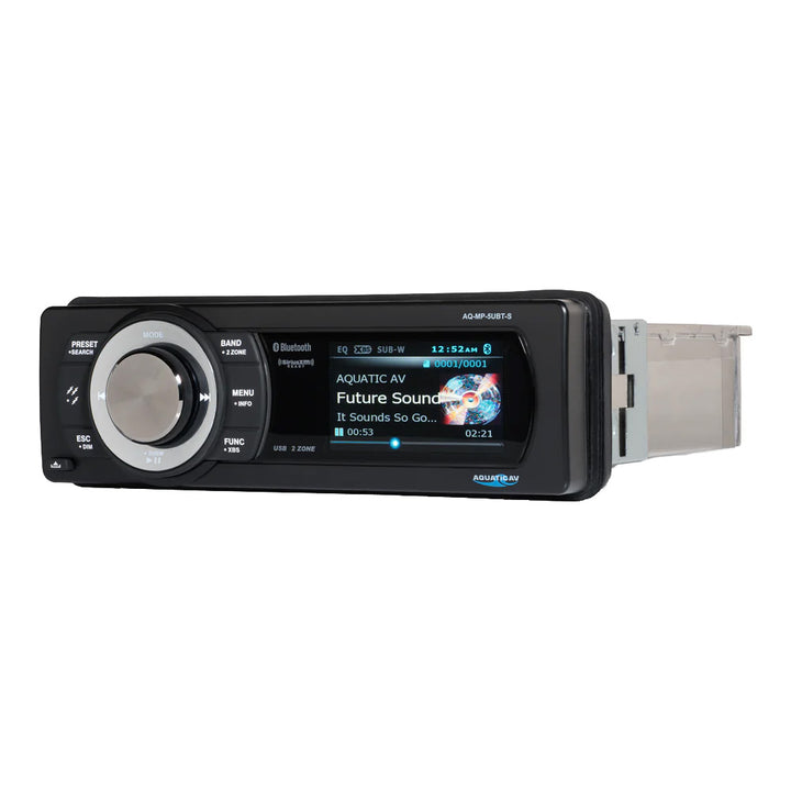 Aquatic AV MP5+ Stereo from Adventure+ Series, marine stereo system with digital display and control panel for boat audio.