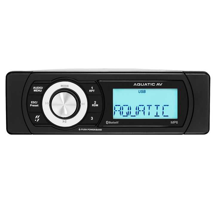 Aquatic AV MP6 Shallow Mount Stereo installed in a boat, showcasing its compact design and control panel.
