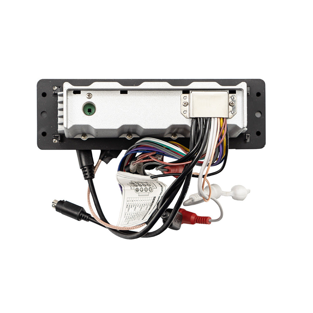 Aquatic AV MP6 shallow mount stereo installed in a boat, showing the sleek design and control panel of the marine stereo system.