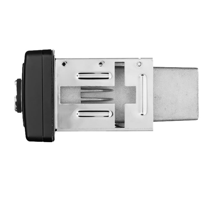 Aquatic AV MP6 shallow mount stereo installed in a boat dashboard with controls and display visible.