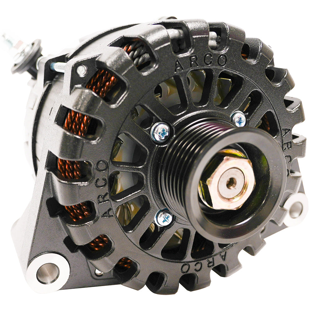ARCO Marine Zeus A275L N62 alternator with clutch pulley and terminal block for marine engines, showing the alternator&