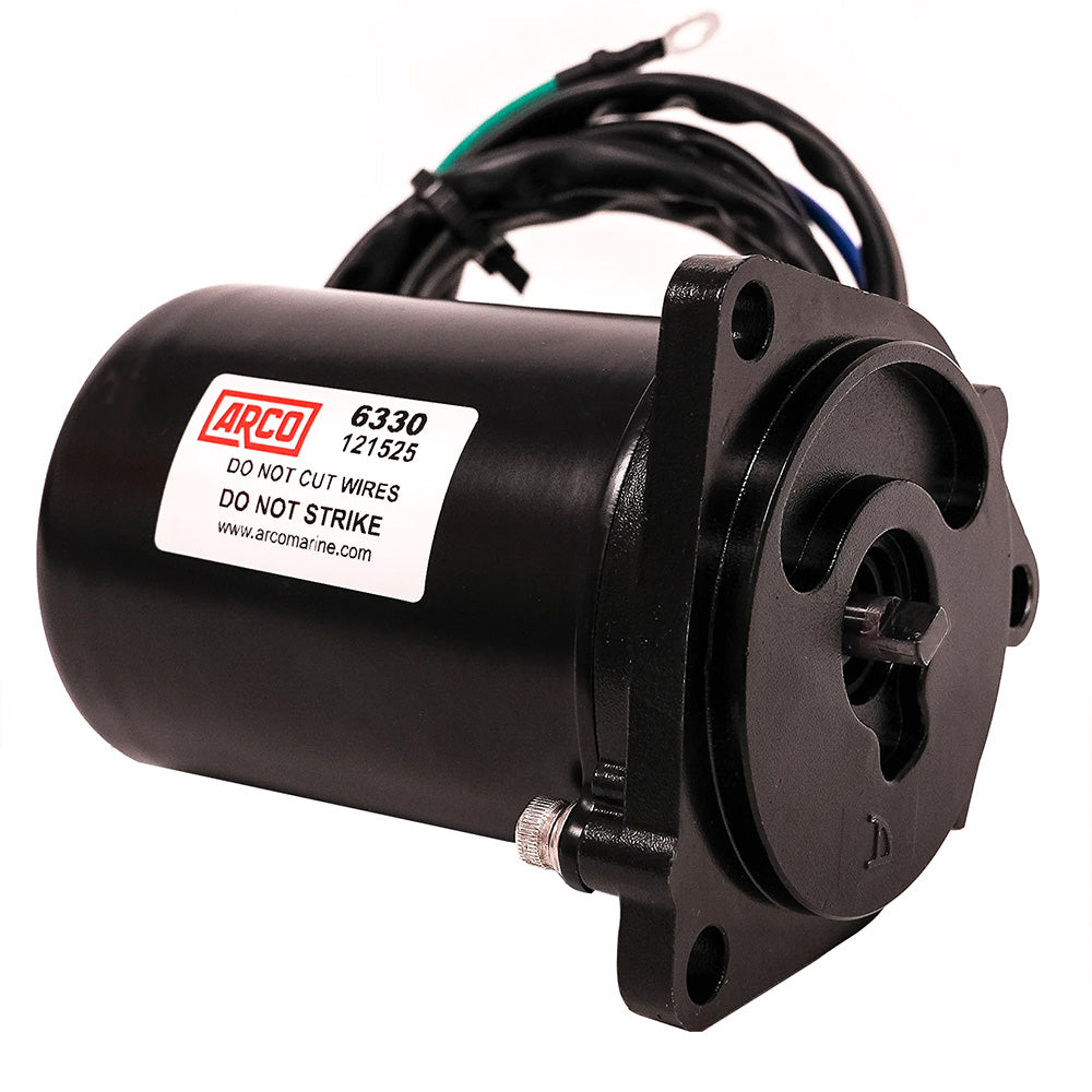 ARCO Marine replacement tilt trim motor for Yamaha boats, black metal component with wiring and mounting brackets.