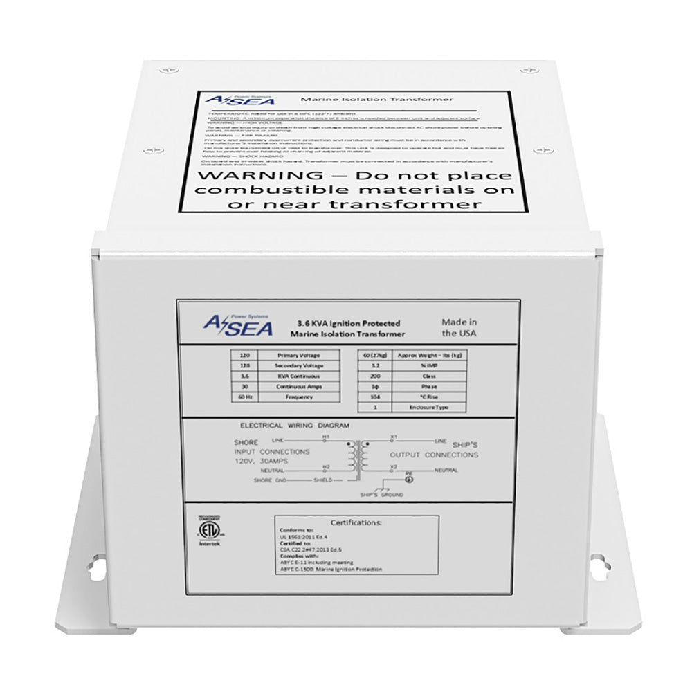 ASEA Power Systems 3.6 kVA Shore Power Isolation Transformer showing metal enclosure and connection terminals.