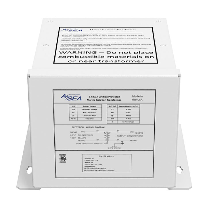 ASEA Power Systems 3.6 kVA Shore Power Isolation Transformer showing metal enclosure and connection terminals.