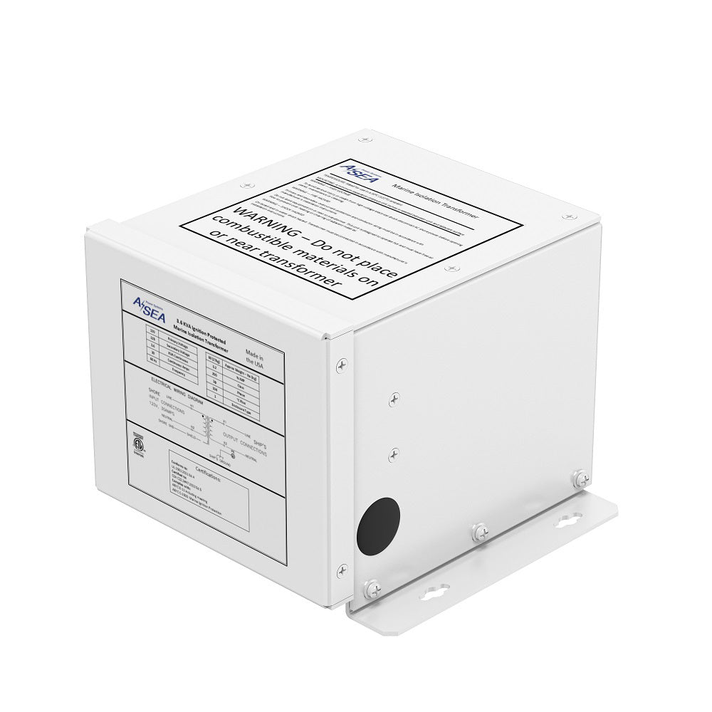 ASEA Power Systems 3.6 kVA isolation transformer for shore power with sturdy metal casing and connection terminals.