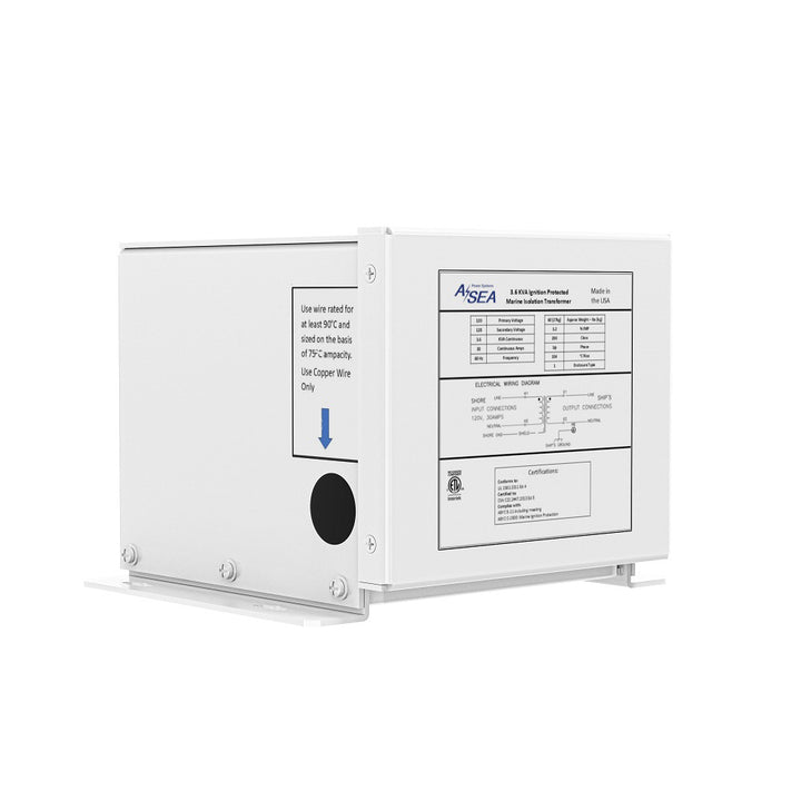 ASEA Power Systems 3.6 kVA isolation transformer for shore power with sturdy metal casing and electrical connection ports.