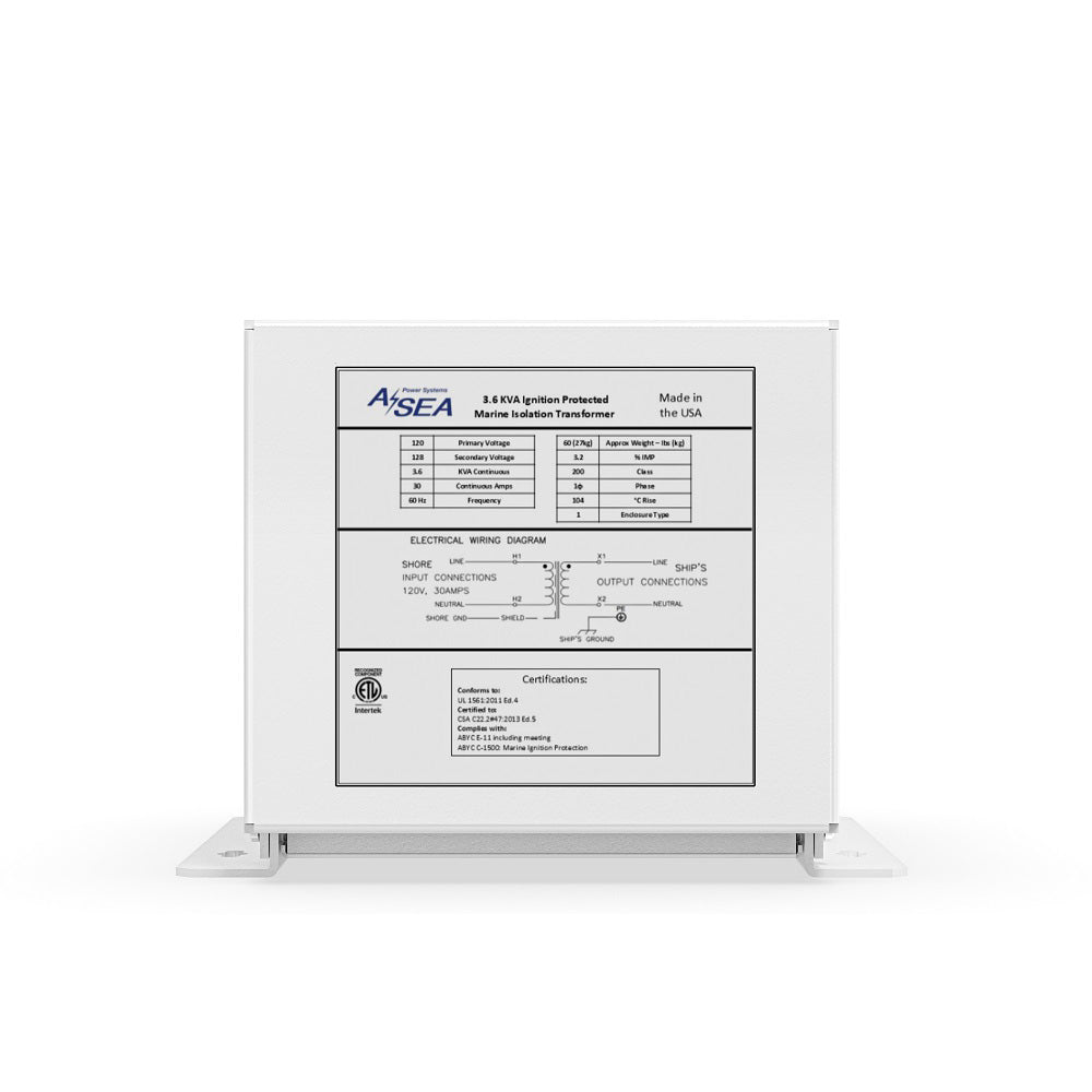 ASEA Power Systems 3.6 kVA Shore Power Isolation Transformer with metal enclosure and connection terminals.