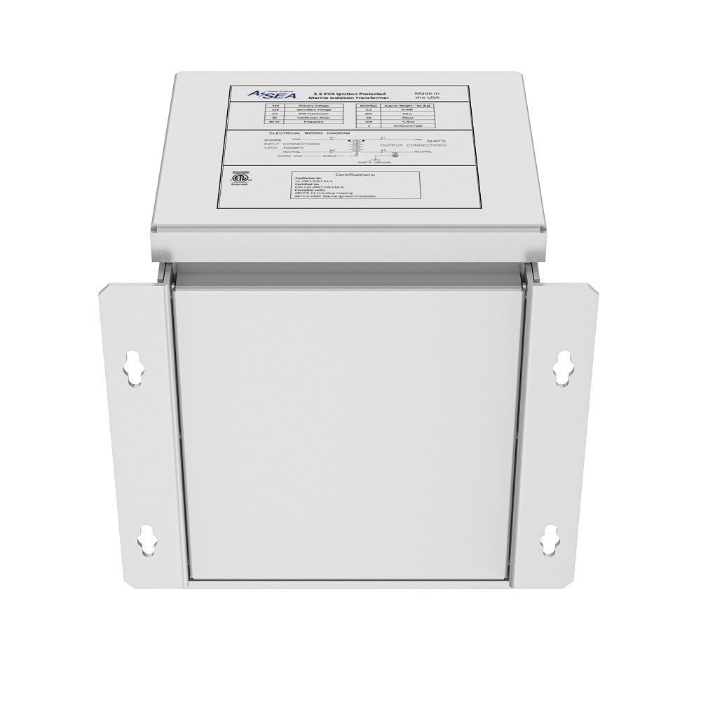 ASEA Power Systems 3.6 kVA Shore Power Isolation Transformer showing industrial transformer with cooling fins and power connections.