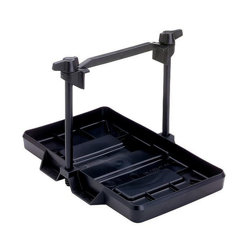 Attwood Marine Low Profile Group 27 Adjustable Battery Tray for marine battery mounting and secure storage.