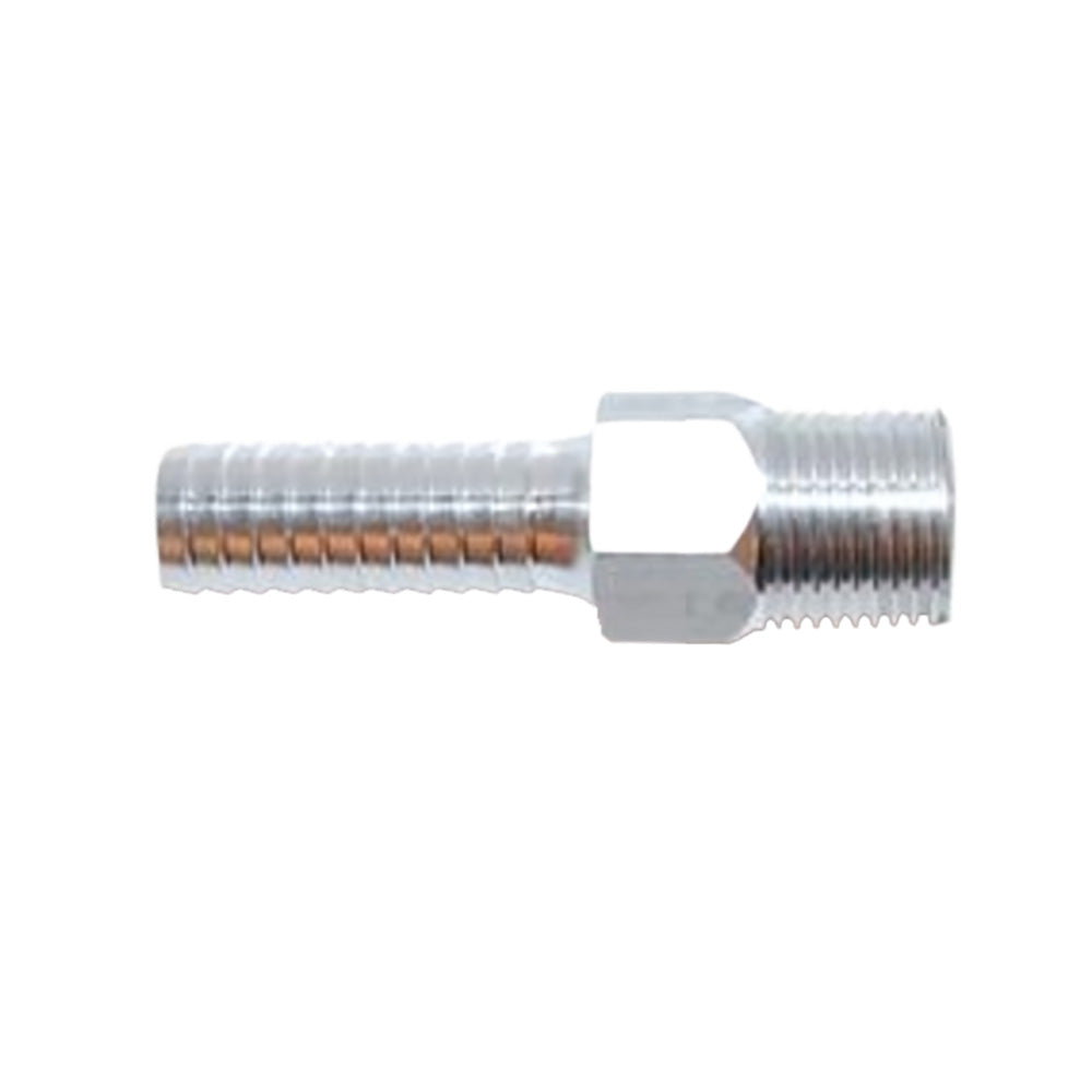 Attwood Marine universal aluminum fuel hose fitting with 3/8" NPT threaded end and 3/8" barb for marine fuel lines.