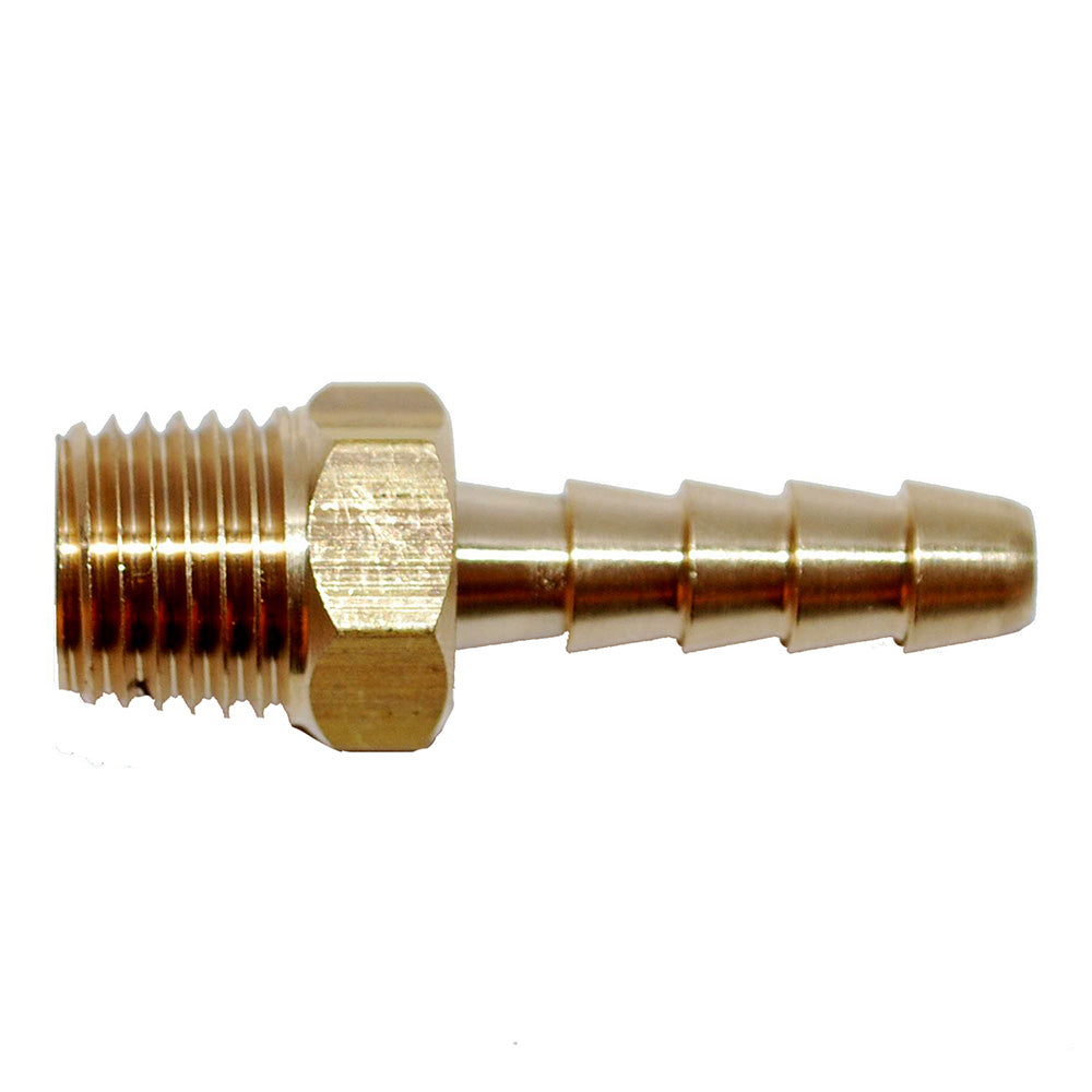 Attwood Marine brass fuel hose fitting with 1/4" NPT thread and 3/8" barb for marine fuel line connections.