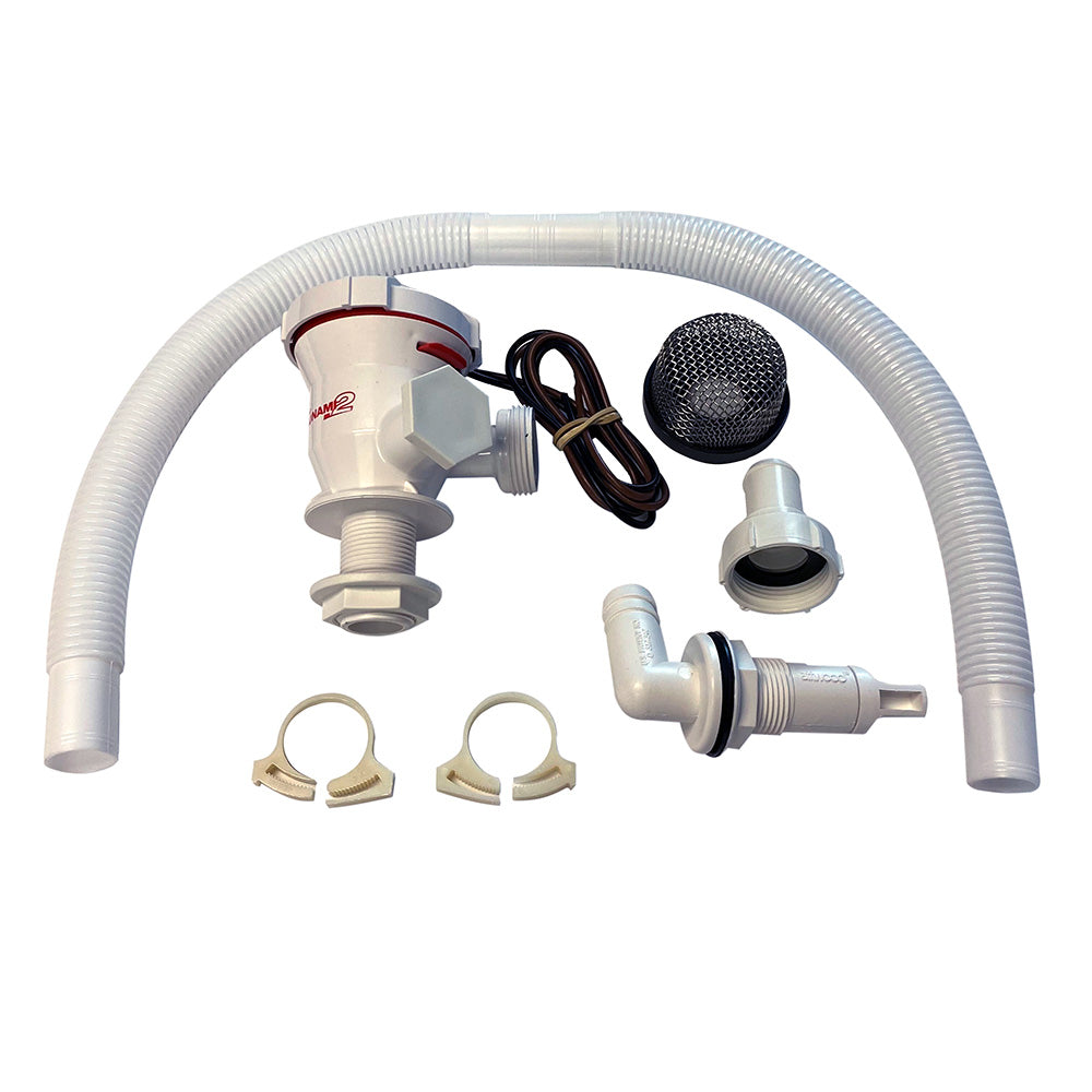 Attwood Marine Tsunami Mk2 T500 Aerator Kit for livewells, featuring a compact pump and aeration components for freshwater fishing boats.