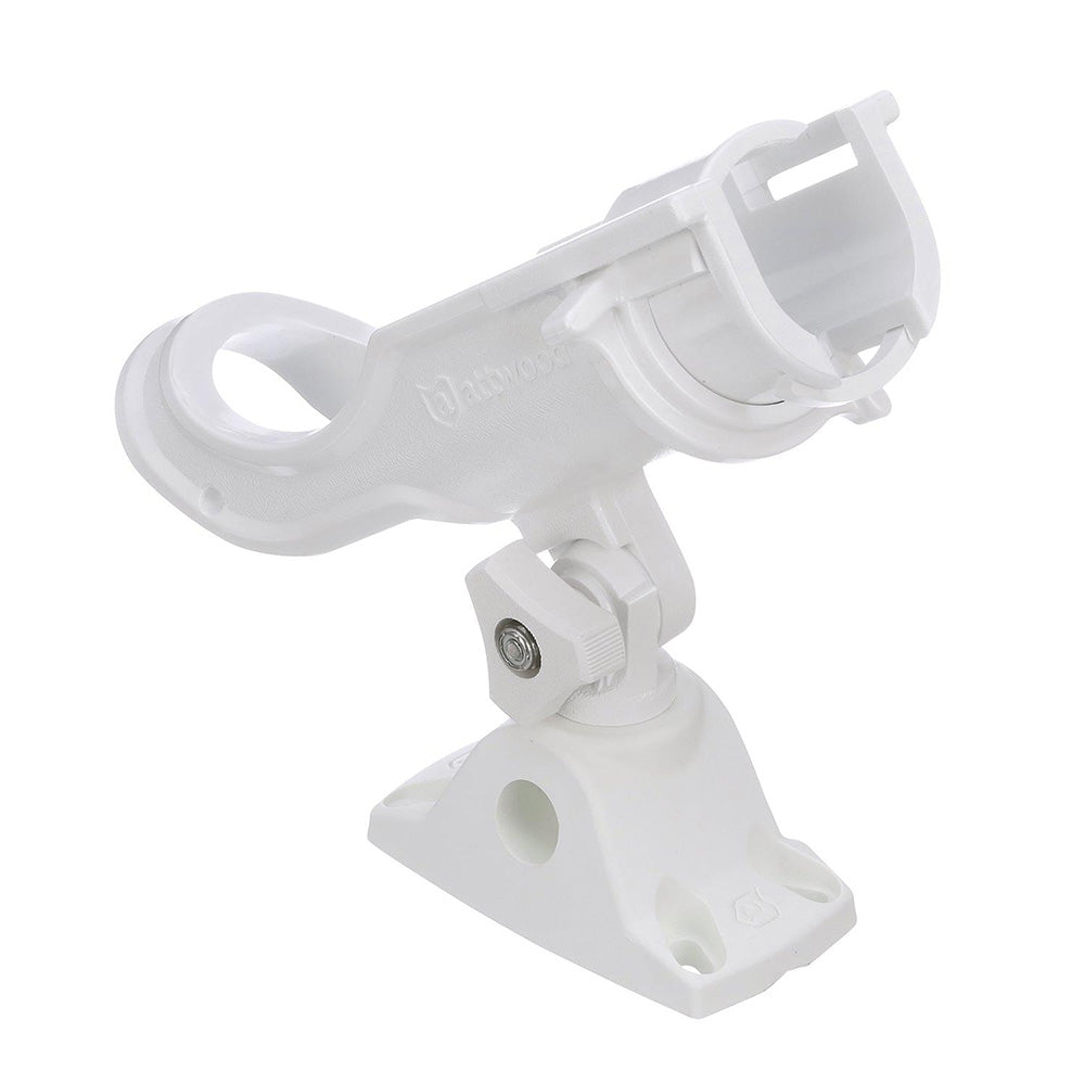 Attwood Marine heavy-duty adjustable white rod holder with combo mount, designed for secure fishing rod storage on boats.