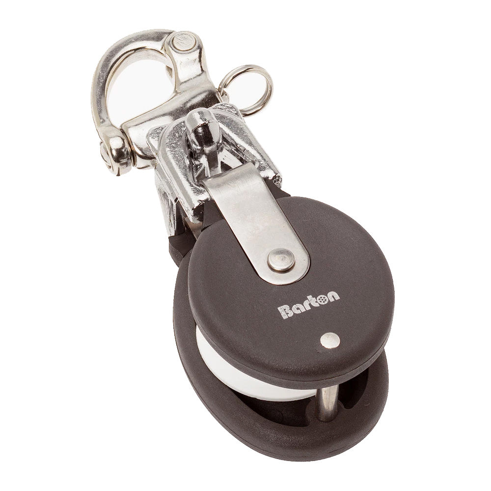 Barton Marine large stainless steel snatch block for yachts up to 40 feet, featuring a snap hook for easy rigging.