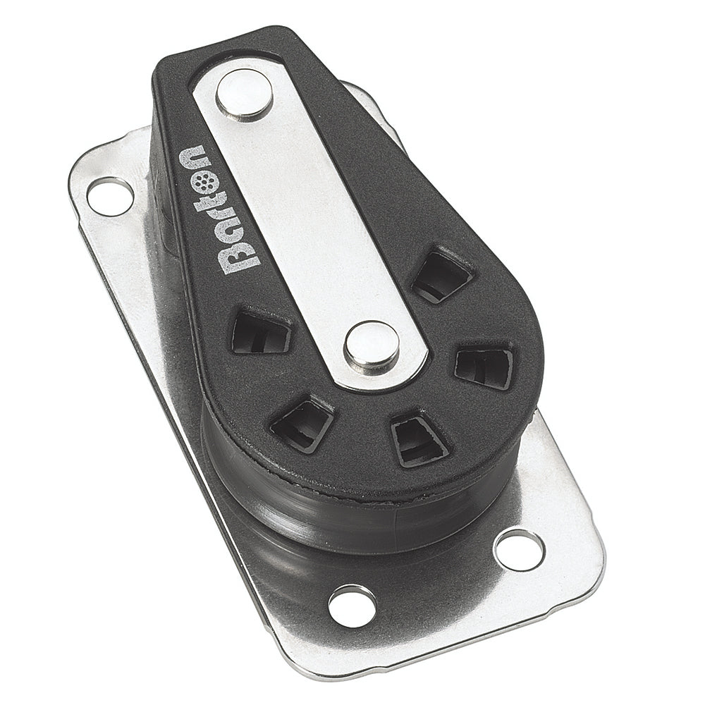Barton Marine Size 2 single cheek block showing the block with mounting hardware and rope sheave for sailing applications.