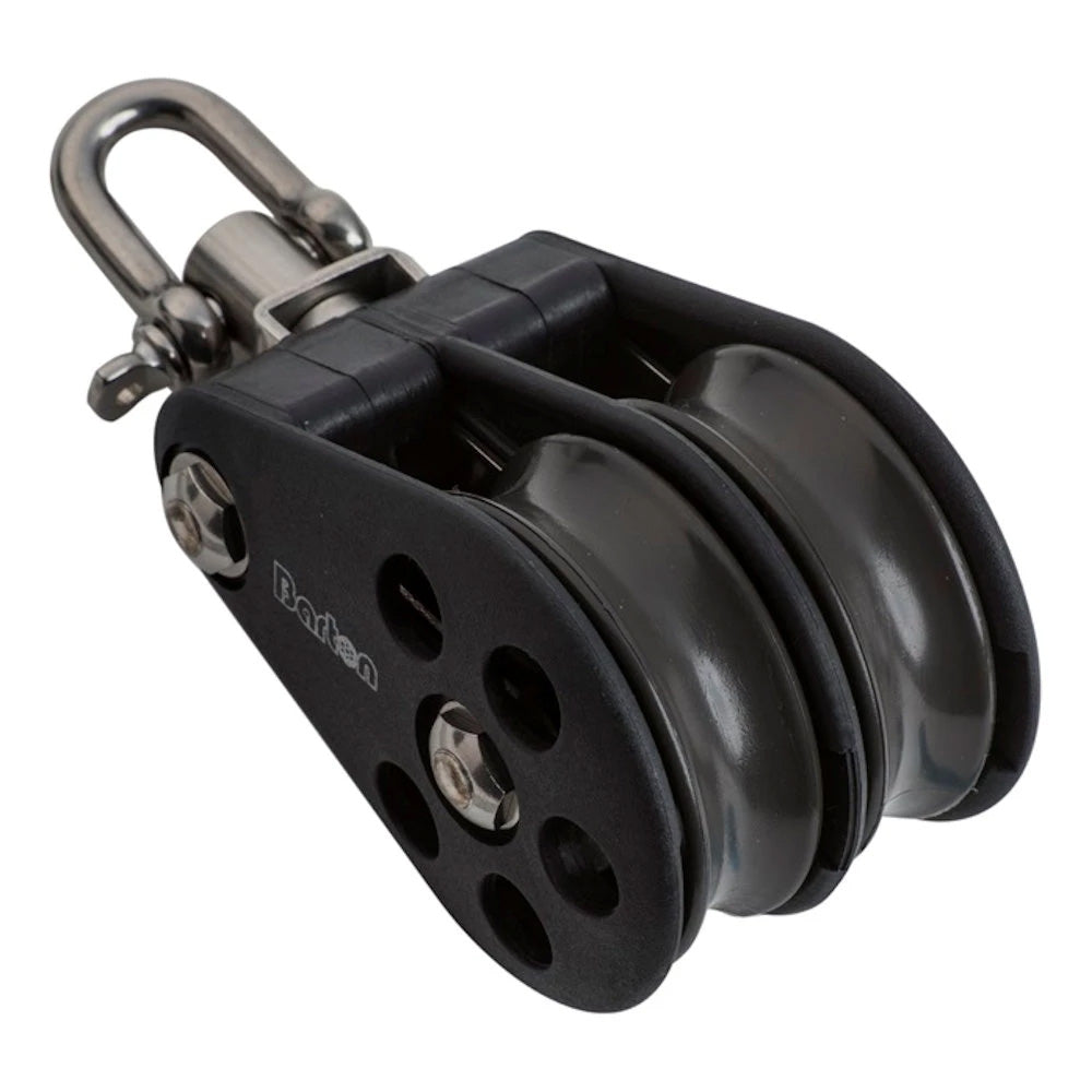 Barton Marine size 5 54mm plain bearing pulley block with double swivel, used in sailing and marine rigging.
