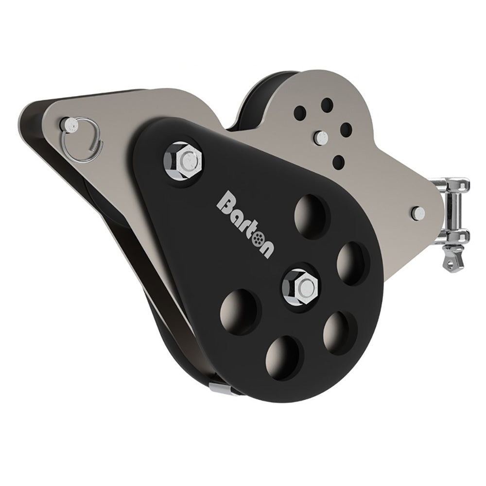 Barton Marine SkyLock 800 hardware, a durable boat cleat in black metal with mounting holes for secure sailing equipment attachment.