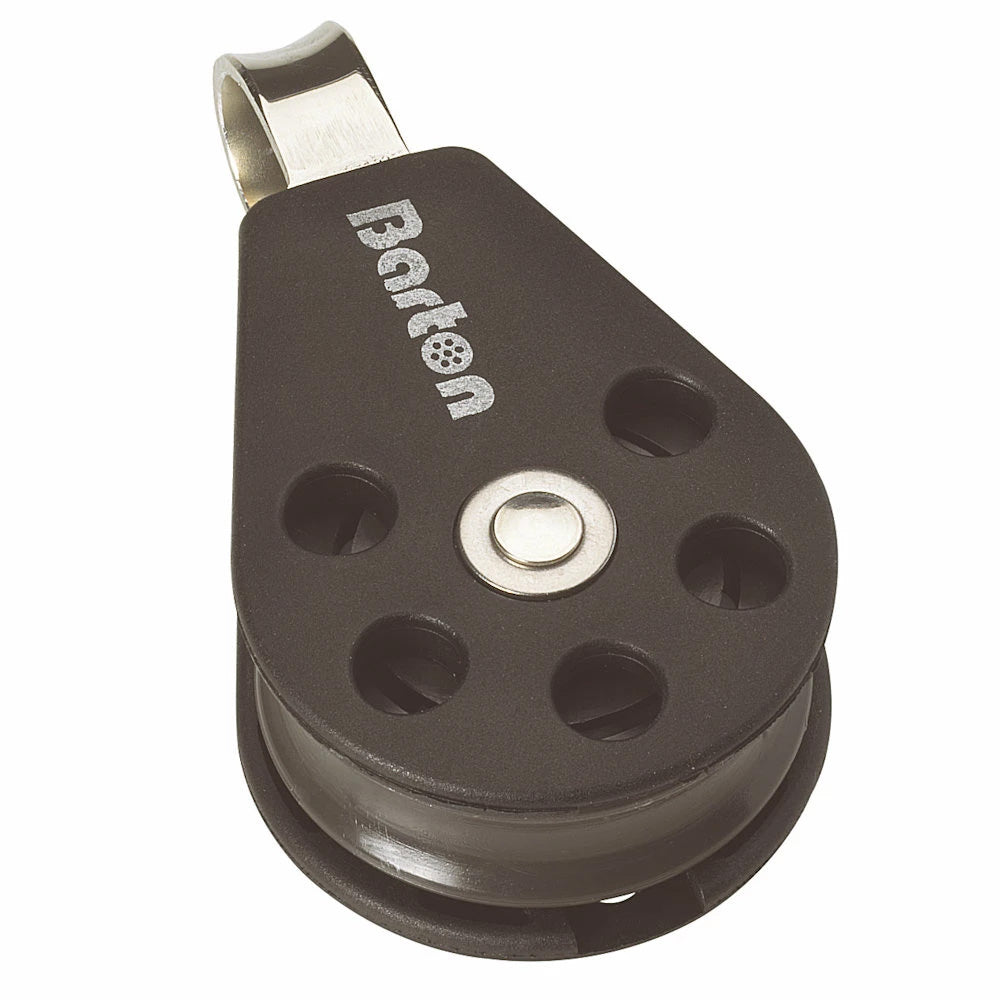 Barton Marine Size 1 30mm plain bearing pulley block with fixed eye, used as hardware for sailing and rigging applications.