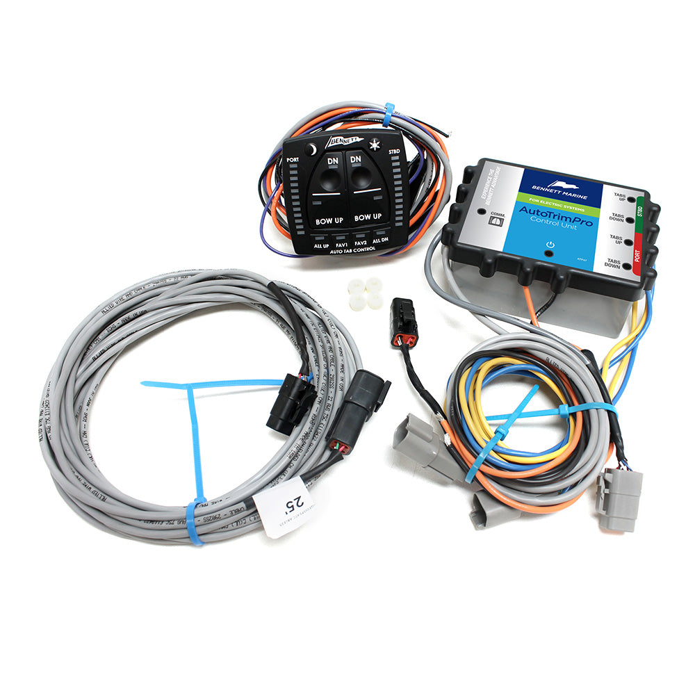 Bennett AutoTrim Pro electric trim tab accessory for boat, showcasing sleek metallic components and control mechanisms.