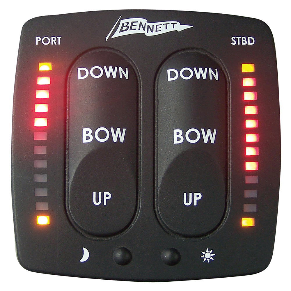 Bennett Marine electronic indication control display for trim tab accessories on a boat, showing digital controls and indicators.