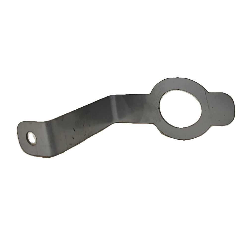 Stainless hold-down bracket from BILGE-B-DRY for securing marine accessories, shown in a close-up image.