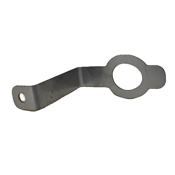 Stainless hold-down bracket from BILGE-B-DRY for securing marine accessories, shown in a close-up image.