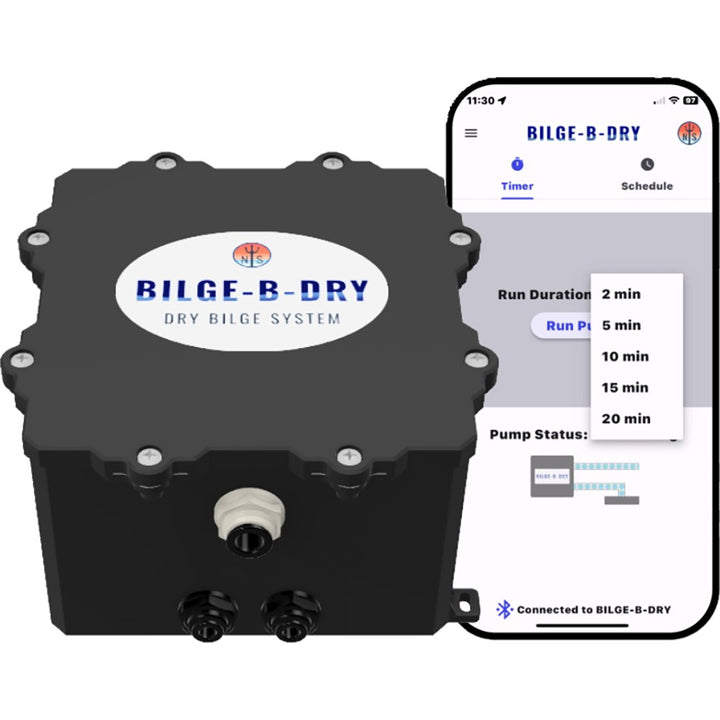 BILGE-B-DRY Dual Pump 24VDC bilge pump showing compact design and dual outlets for marine bilge water removal.