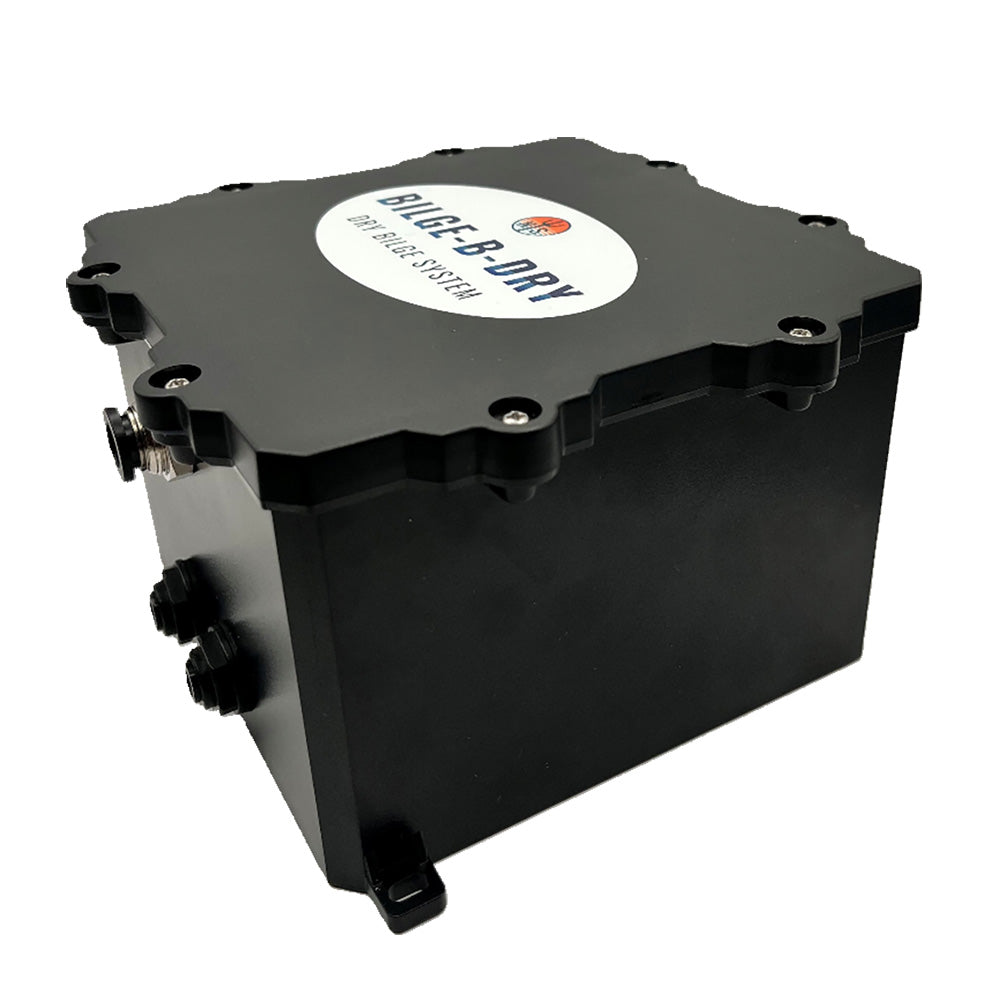 BILGE-B-DRY dual 24VDC bilge pump with compact design, featuring inlet and outlet ports for boat bilge water removal.