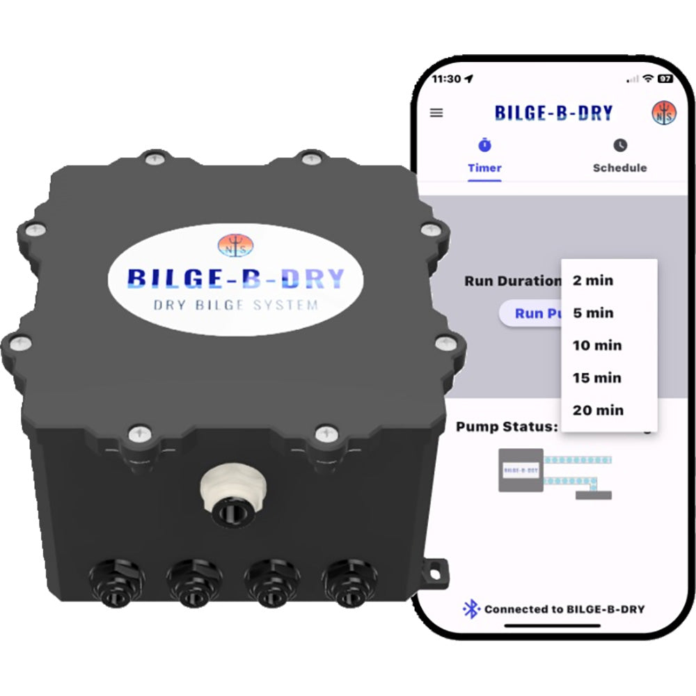 BILGE-B-DRY Quad 12VDC Bilge Pump with four outlets, compact design, used for boat bilge water removal.