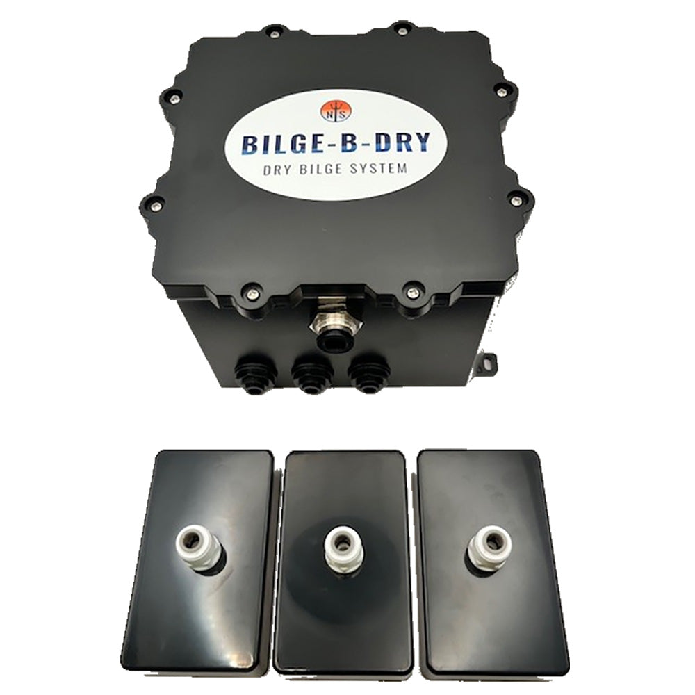 BILGE-B-DRY Triple Pump 12VDC bilge pump with three outlets, compact design, and durable construction for marine bilge pumping.