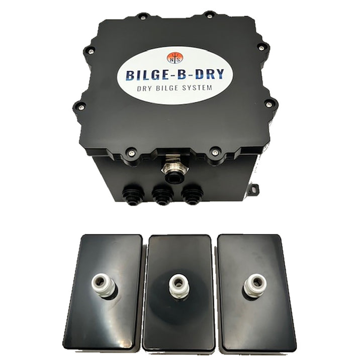BILGE-B-DRY Triple Pump 12VDC bilge pump with three outlets, compact design, and durable construction for marine bilge pumping.