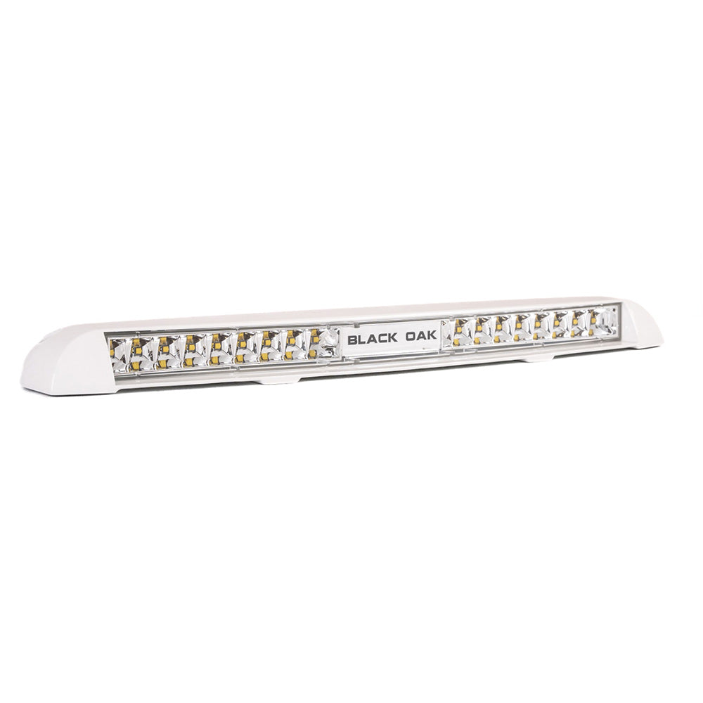 Black Oak LED marine light bar, low profile flood white LED bar mounted on boat for enhanced visibility and illumination.
