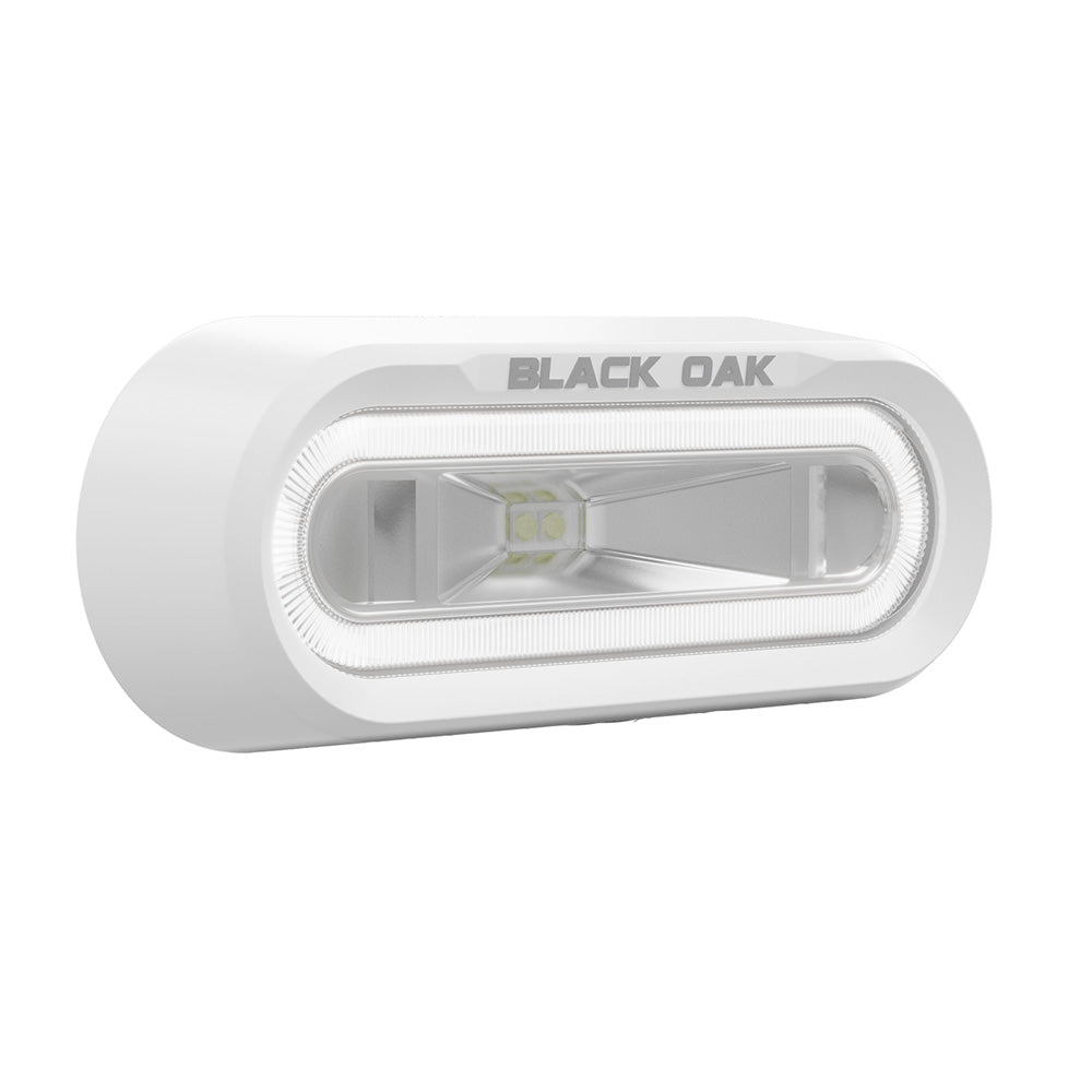 Black Oak LED Low Pro Off Road Spreader Light with white housing and white LED, bracket mount, suitable for underwater use.