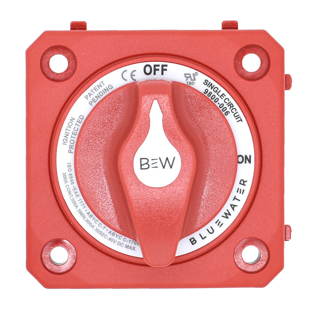 Bluewater panel mount on/off battery switch with red toggle, used for battery management and power control.