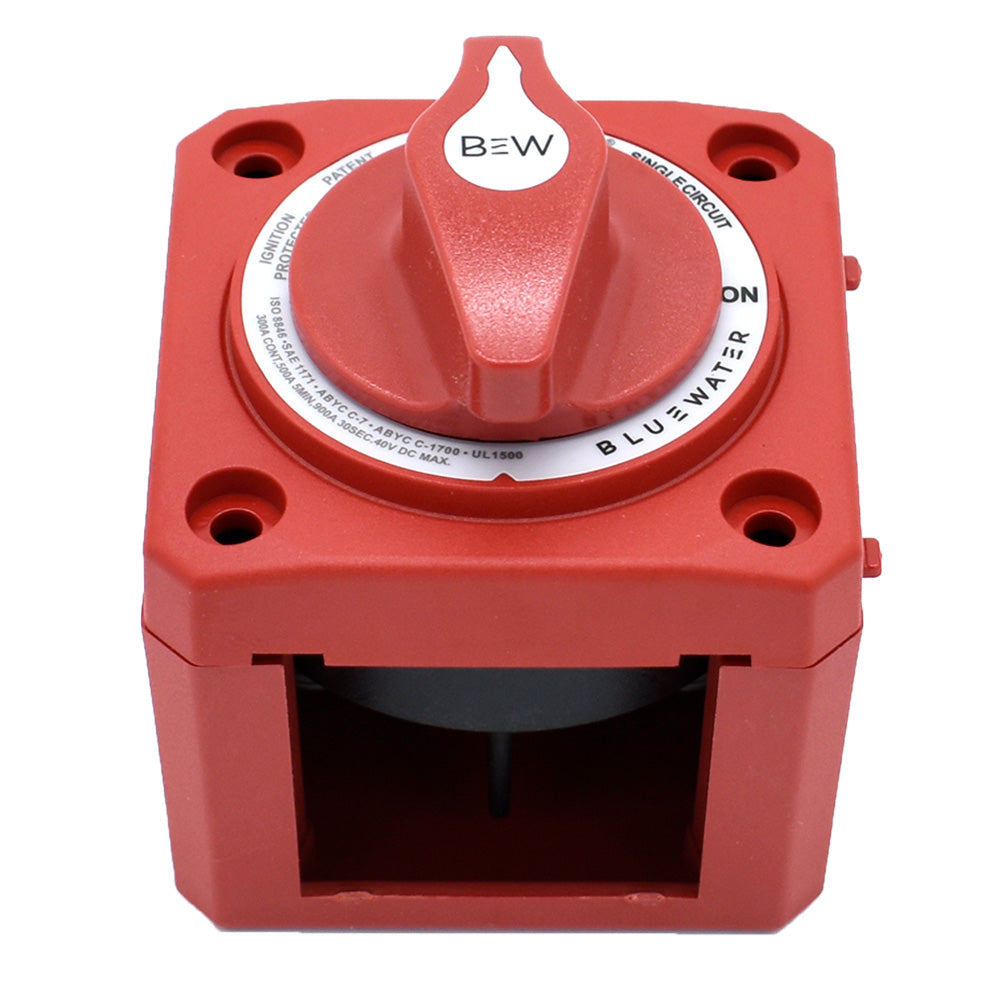 Bluewater surface mount on/off battery switch in red for battery management systems, shown in a close-up image.