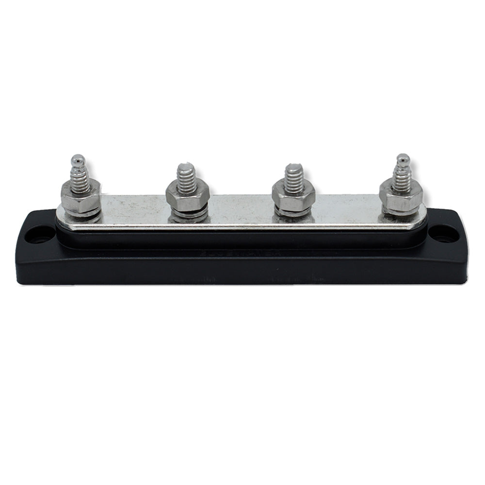 Bluewater Black 4-Gang Common Stud Busbar for electrical connections, shown with metal terminals on a white background.