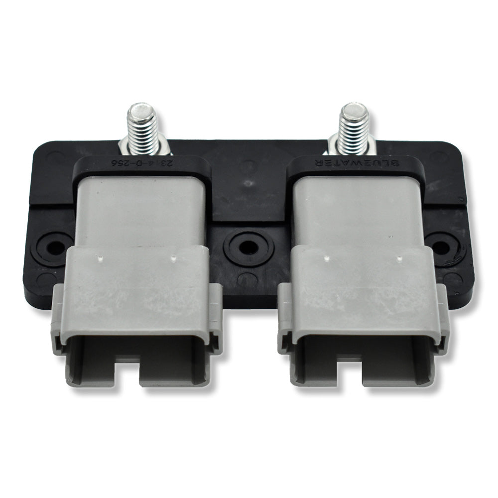 Bluewater Dual 12-Position Male Sealed Deutsch Connector Busbar with 5/16" Stud, used for electrical connections.
