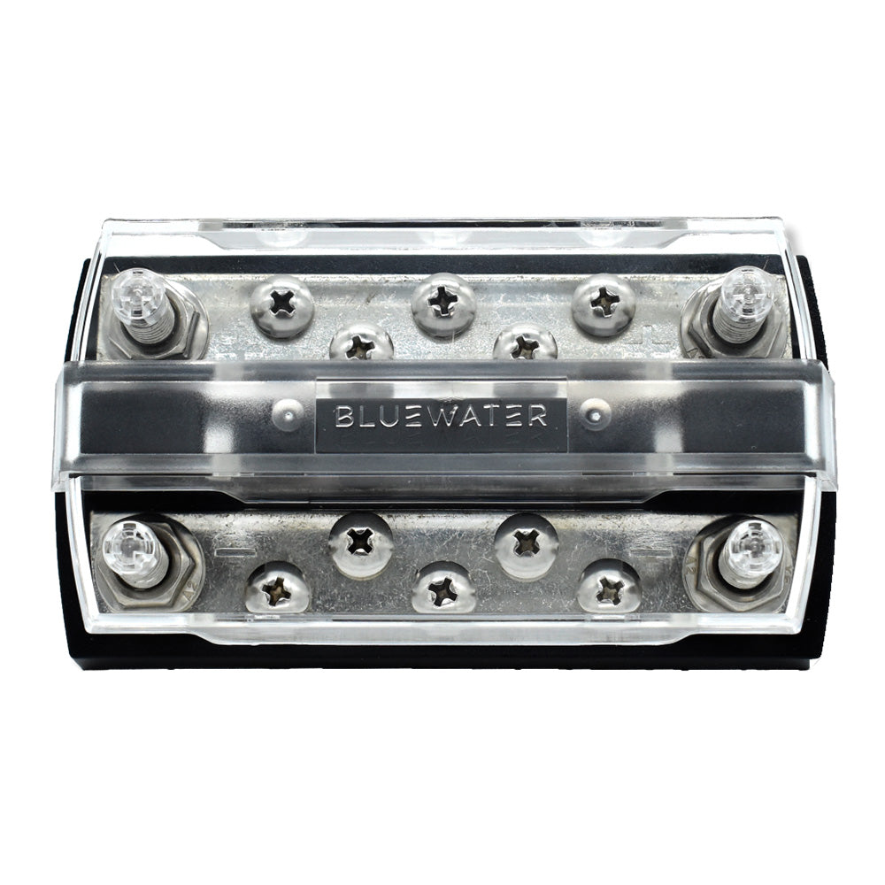 Bluewater Dual Bus 10-Position Busbar for 150 Amp electrical distribution, showing metal connectors and mounting features.