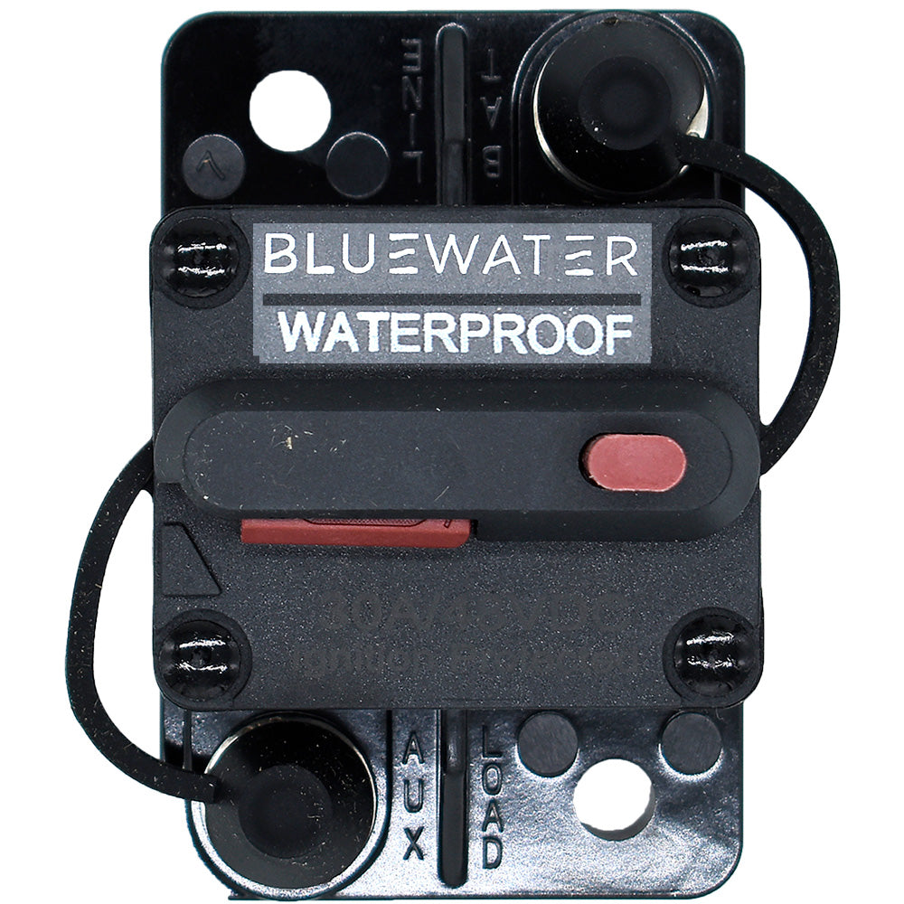 Bluewater 100 Amp surface mount circuit breaker with blue and black switch, designed for residential or commercial electrical panels.
