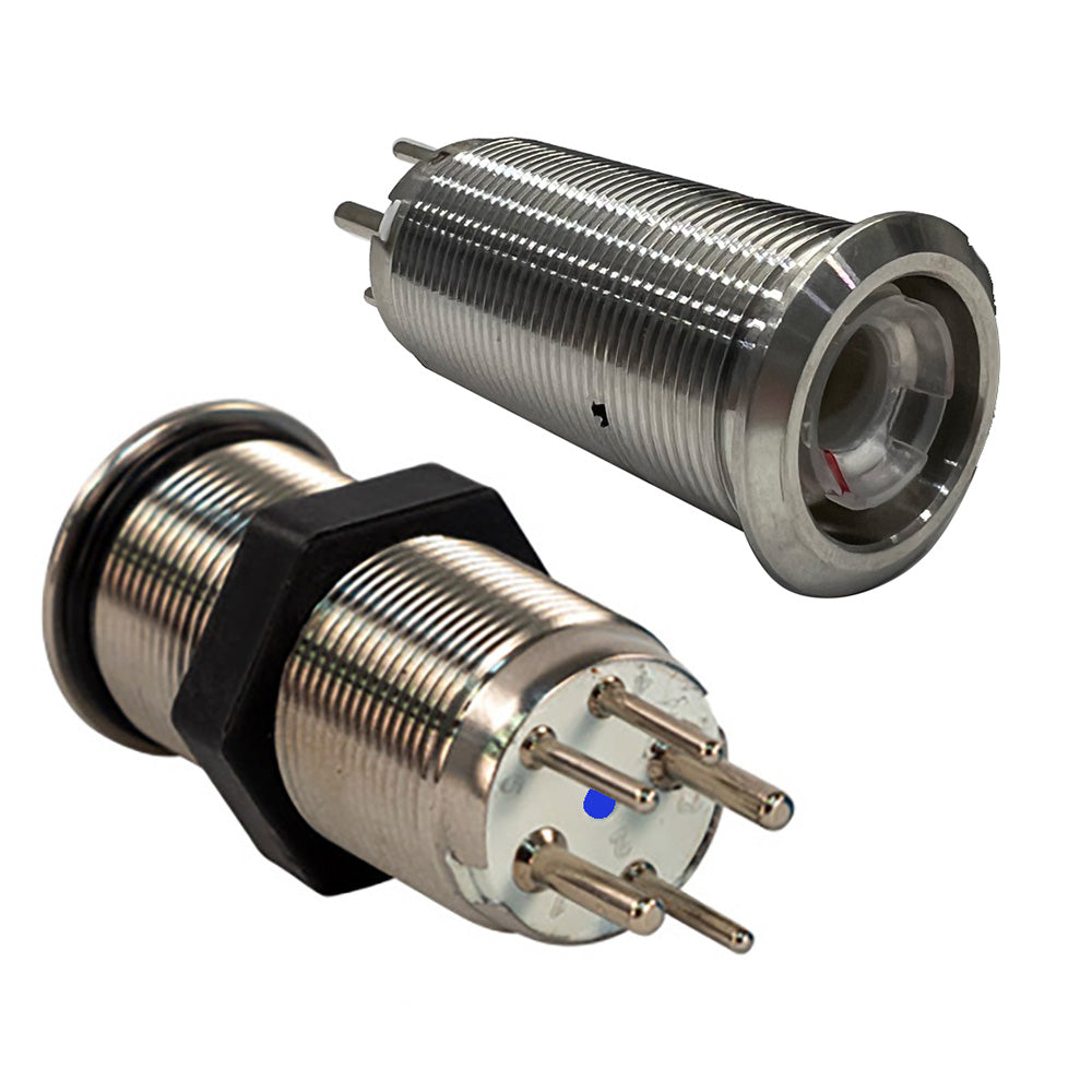 Bluewater 19mm inrush push button switch with blue, green, and red LED indicators, switch body only, for electronic control panels.
