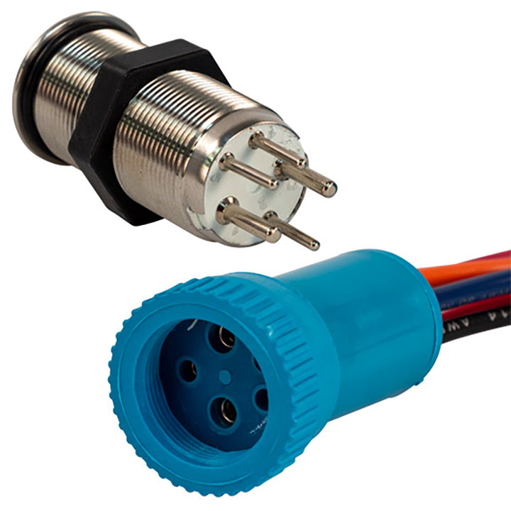 Bluewater 19mm push button switch with OFF/ON/ON Nav/Anc contacts, red/green/blue LEDs, 1-foot lead, for switches and accessories.