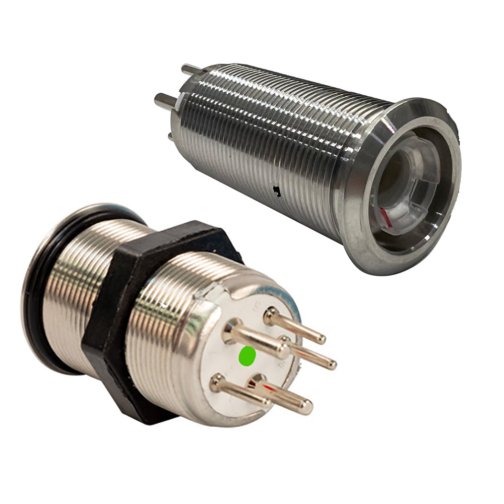 Bluewater 22mm inrush push button switch with blue and red LED, momentary action, switch body only, for electronic projects.