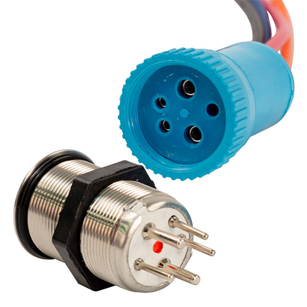 Bluewater 22mm push button switch with blue and red LEDs, momentary contact, off/on, 4-foot lead, for electronic control panels.