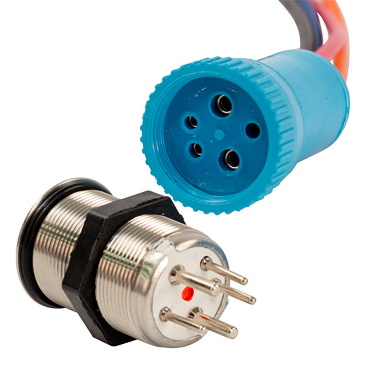 Bluewater 22mm push button switch with blue, green, and red LEDs, off/on/on contact, 4-foot lead, for switches and accessories.