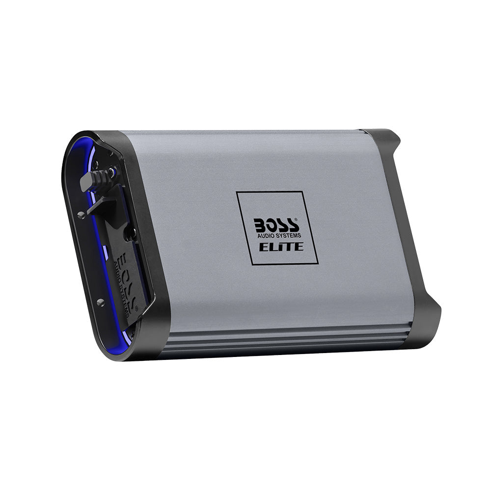 Boss Audio Elite 500W Mono-Block Class D Amplifier showing compact design and input/output connections.