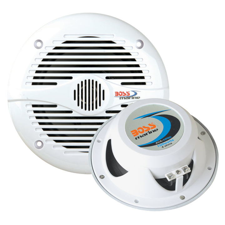 Pair of Boss Audio MR50 5.25-inch white round speakers with protective grilles for car audio systems.