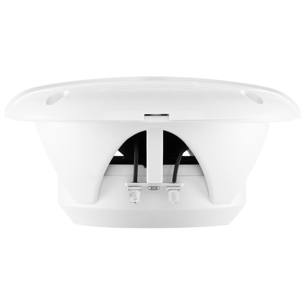Pair of Boss Audio MR50 5.25-inch round white speakers showing speaker cones and mounting brackets.