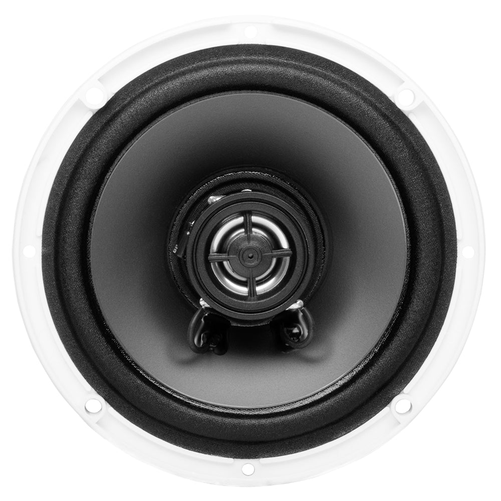 Pair of Boss Audio MR50 5.25-inch round white speakers, showing the sleek speaker cones and mounting frames.