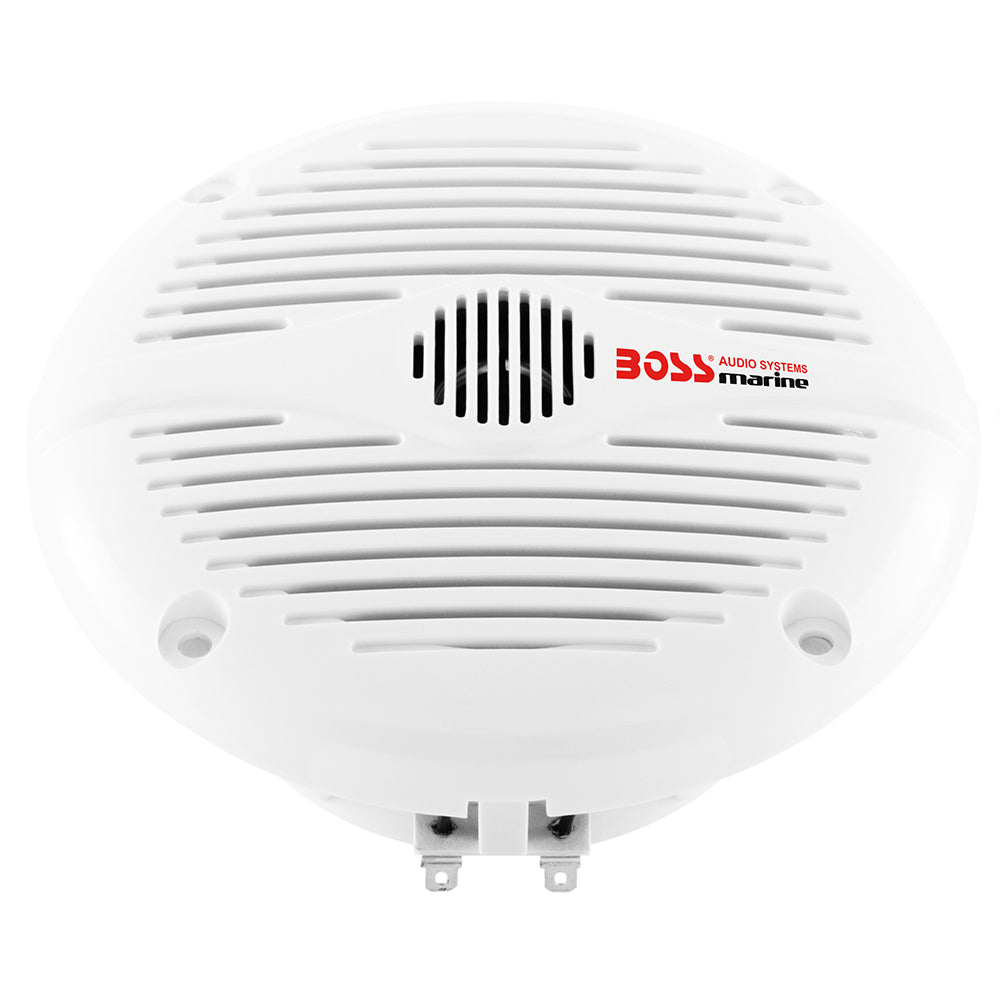 Pair of Boss Audio MR50 5.25-inch round white speakers showing speaker cones and mounting frames.